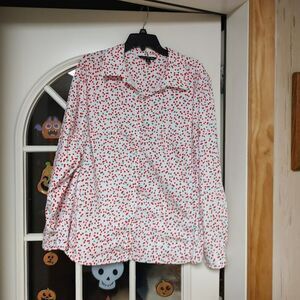New Zac & Rachel White Cherries Long Sleeve Button Down Shirt Women's 2X